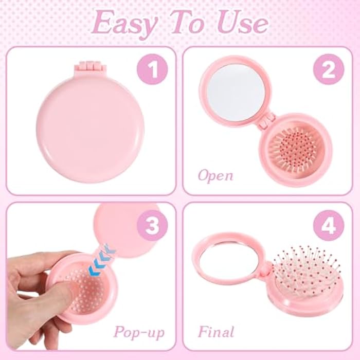 Matwsec Mini Travel Brush for Women Folding Hair Brush Portable Mini Hairbrush with Mirror, Compact Pop Up Pocket Brushes, Small Travel Size Flip Brushes for Purse Girls Wet and Dry Hair, Pink - Image 3